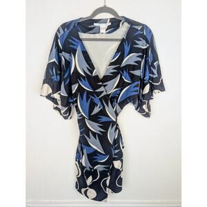 Diane Von Furstenberg Wrap Dress Silk Kimono Printed Twilight Blue Black Size 4